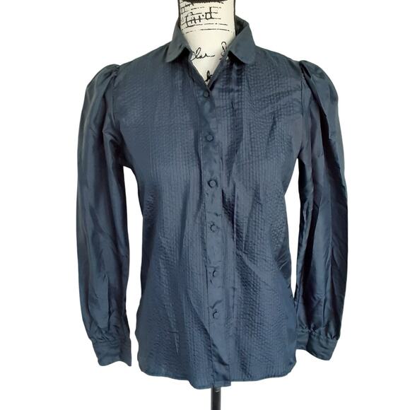 Vintage 1980s Pintuck Pleated Button Up Shirt Peter Pan Collar Blue Taffeta - Picture 1 of 12